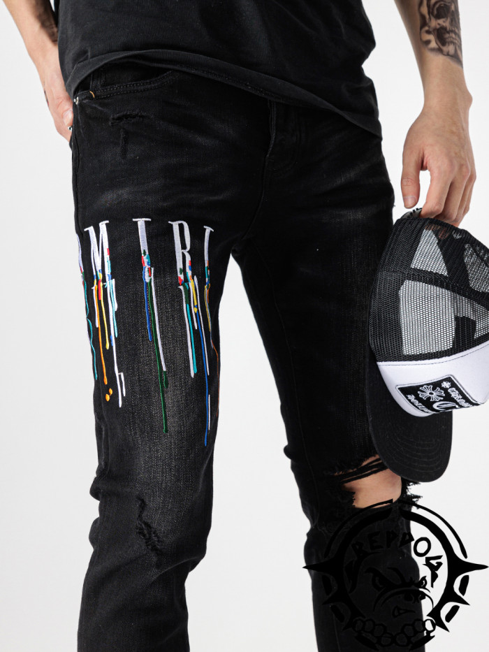 1:1 quality version Colorful Melt Alphabet Embroidered Jeans