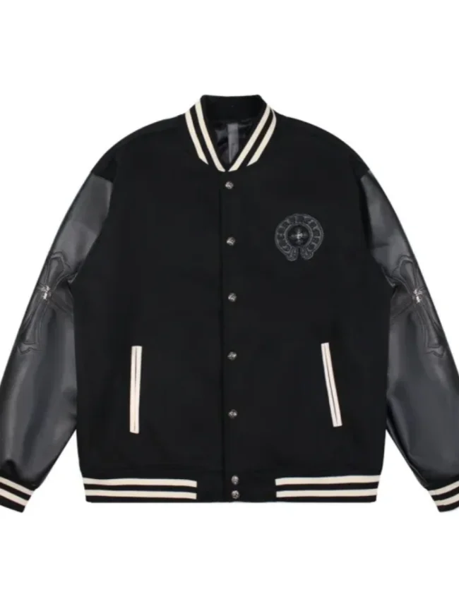 Cross Studded Leather Label Baseball Jacket