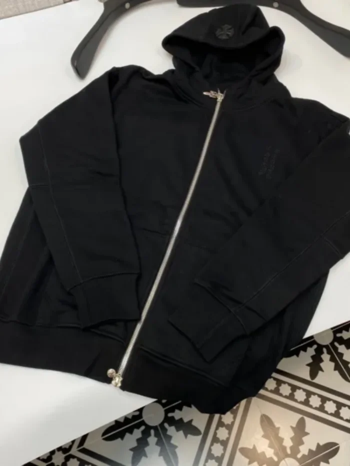1:1 quality version Embroidered monogram leather zippered hoodie 2 colors