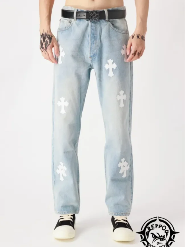 [buy more save more]1:1 quality version Black and White Patchwork Sterling Silver Button Leather Jeans