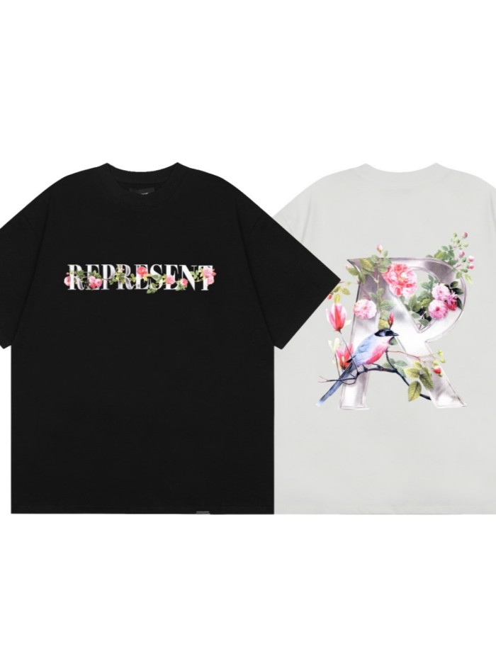 [50% Off]Floral Metallic Big R Bird Print tee 2 colors 25396245