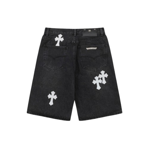 [buy more save more ]White Cross Embroidered Leather Patch Denim Shorts