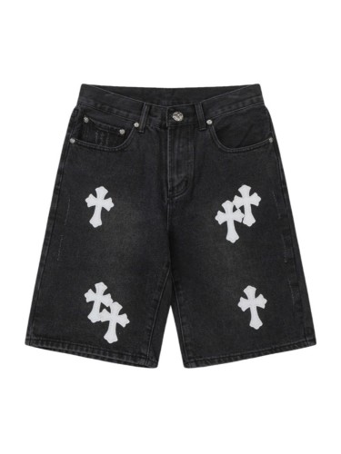 [buy more save more ]White Cross Embroidered Leather Patch Denim Shorts