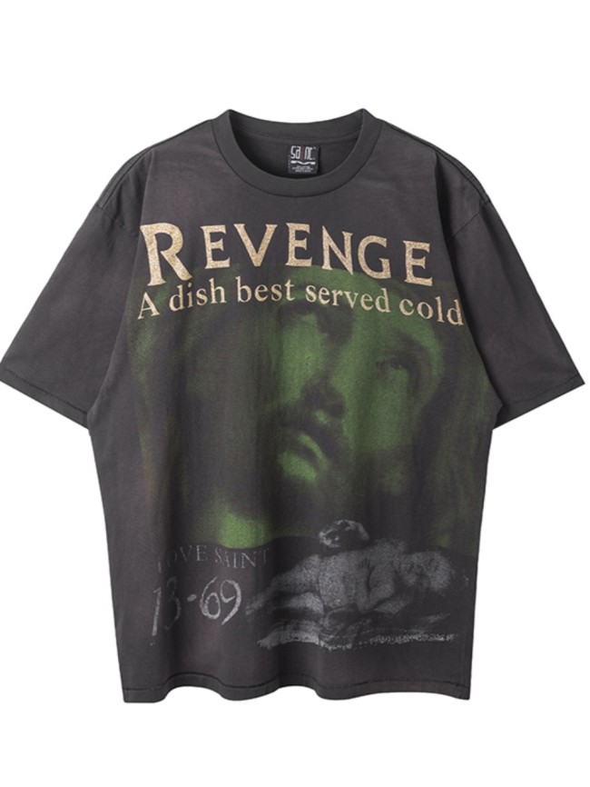 [buy more save more]Glitter Green Direct Injected Reversible Character Print Washed Tee