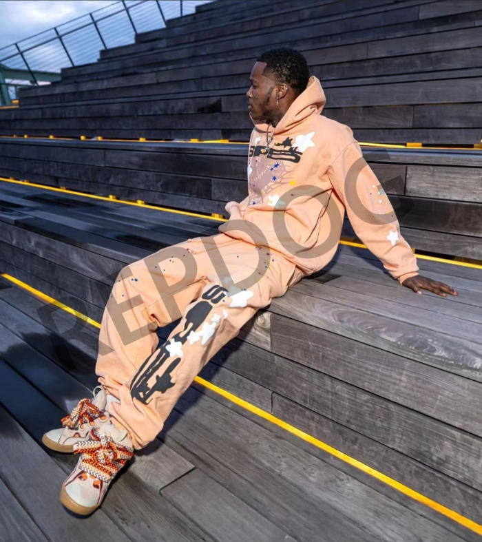 1:1 quality version Orange pink spider web star letters printed Hoodie & Pants Set