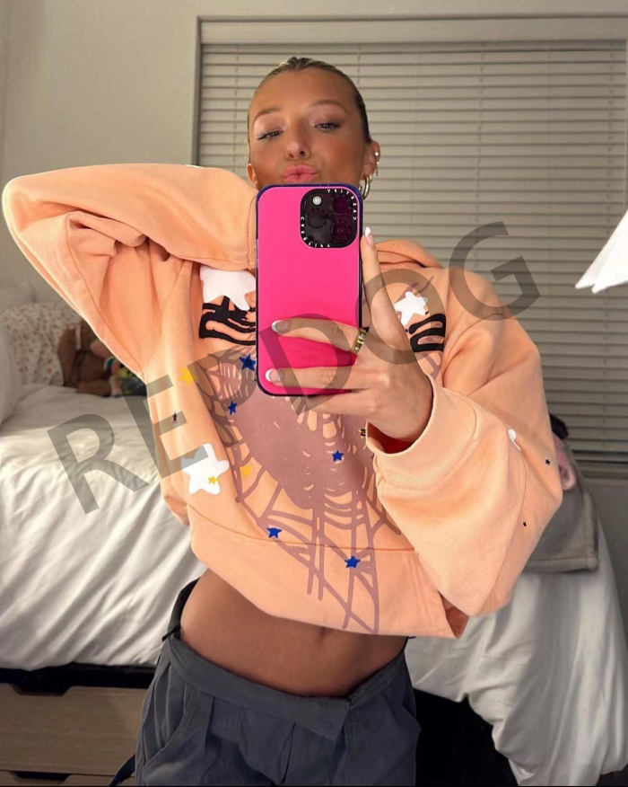 1:1 quality version Orange pink spider web star letters printed Hoodie & Pants Set