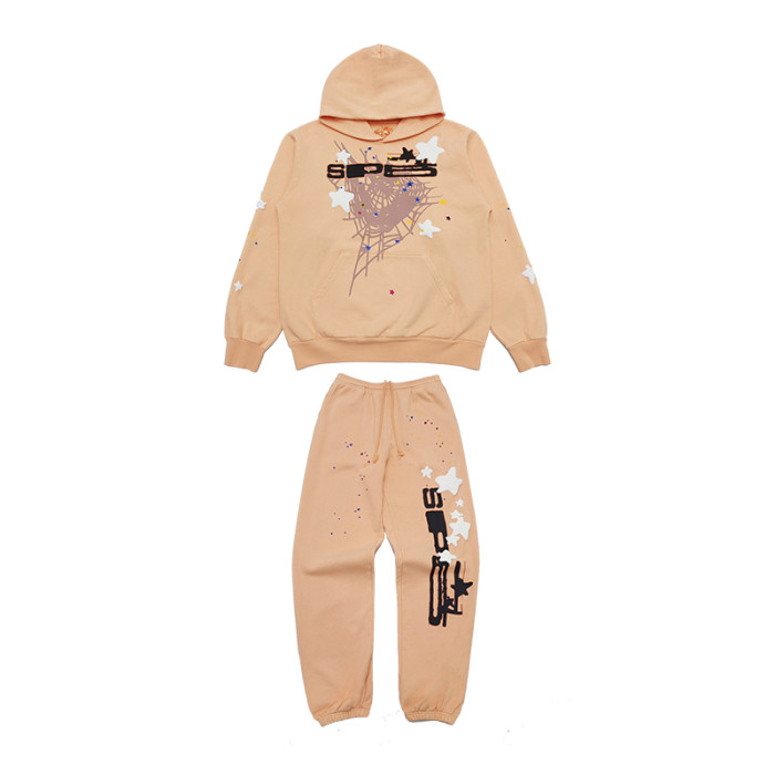 1:1 quality version Orange pink spider web star letters printed Hoodie & Pants Set