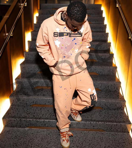 1:1 quality version Orange pink spider web star letters printed Hoodie & Pants Set