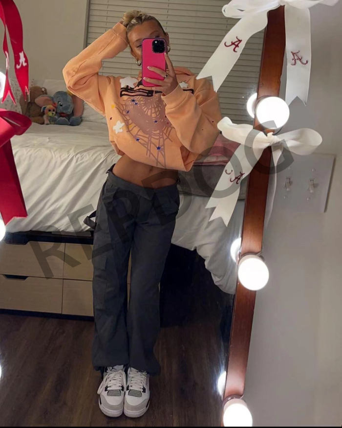 1:1 quality version Orange pink spider web star letters printed Hoodie & Pants Set