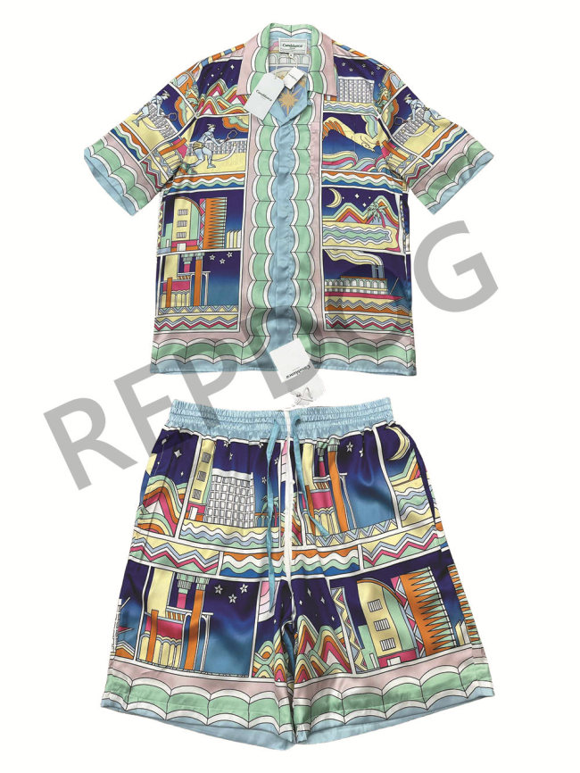 1:1 quality version Hawaiian Style Portrait Night Colorblock Silk shirt & shorts set