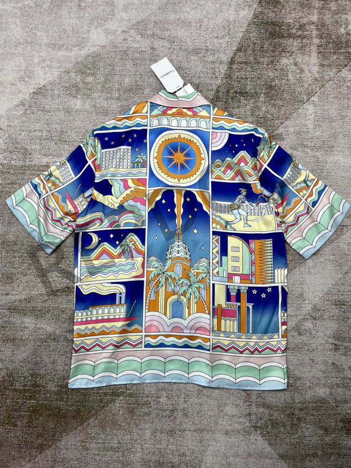 1:1 quality version Hawaiian Style Portrait Night Colorblock Silk shirt & shorts set