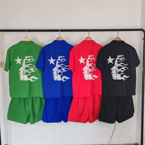 Large logo on the back vintage casual shirt & shorts set 4 colors