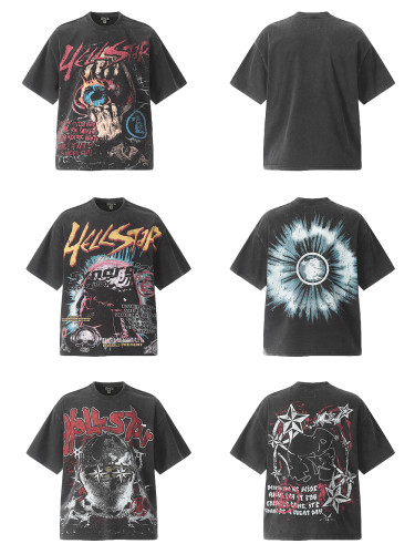 Washed Vintage All Over Print Eye of Flame Masked Man Star Skull Print Tee 3 colors