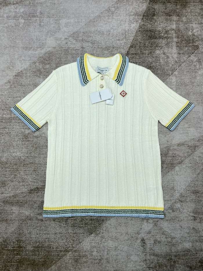 1:1 quality version Vertical Stripe Pearl Button Knit Polo Shirt 2 colors