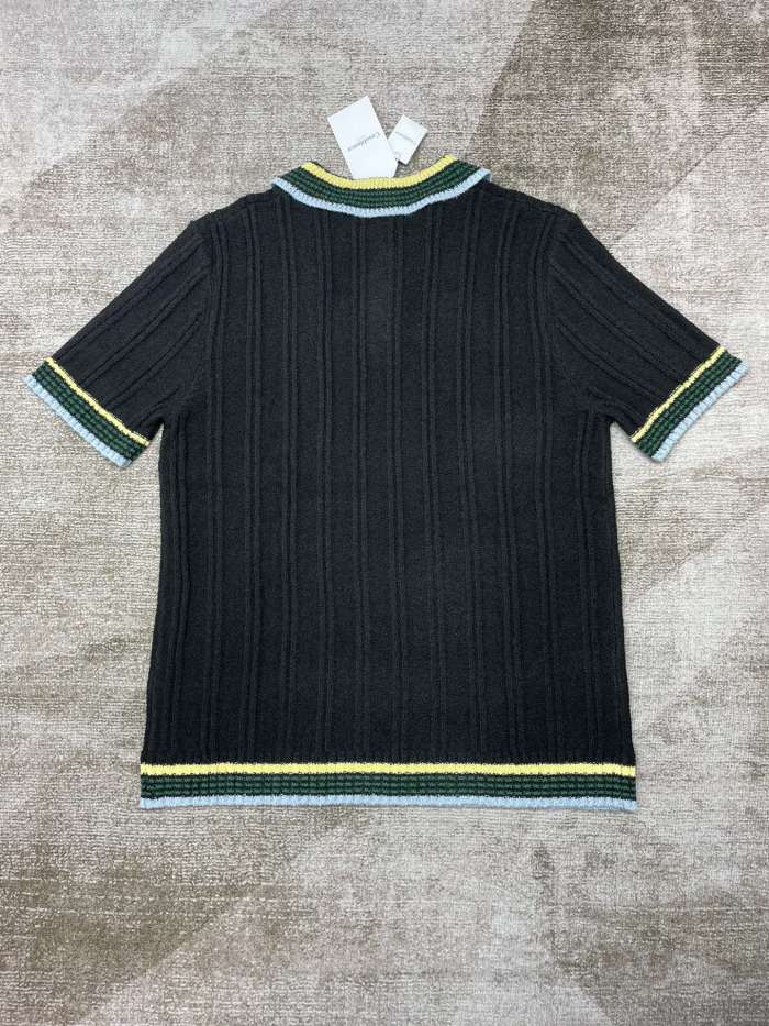 1:1 quality version Vertical Stripe Pearl Button Knit Polo Shirt 2 colors