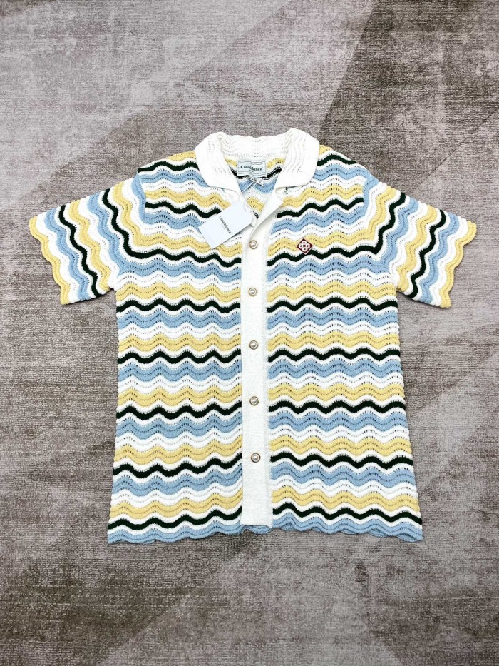 1:1 quality version Wave Stripe Colour Block Letter Logo Knit Polo Shirt & Shorts Set