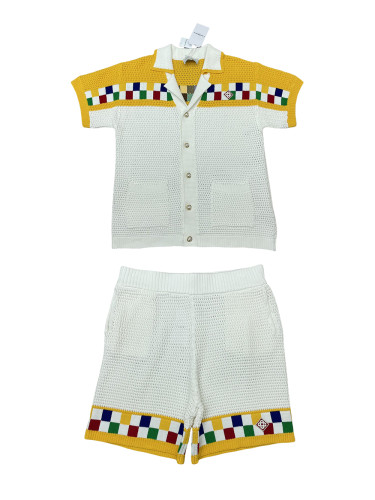 1:1 quality version Colourful Plaid Pearl Button Knit Polo Shirt & Shorts Set