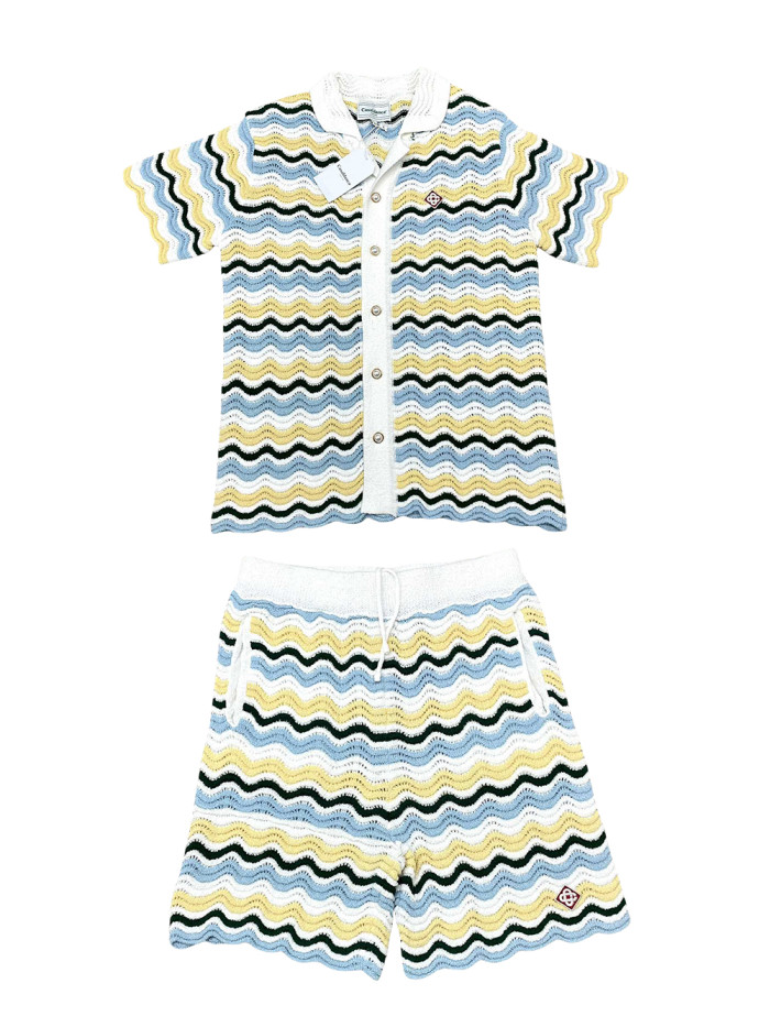1:1 quality version Wave Stripe Colour Block Letter Logo Knit Polo Shirt & Shorts Set