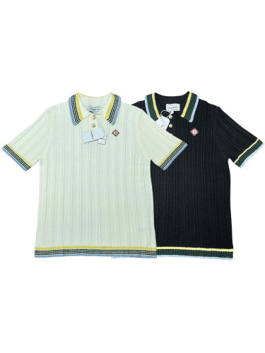 1:1 quality version Vertical Stripe Pearl Button Knit Polo Shirt 2 colors