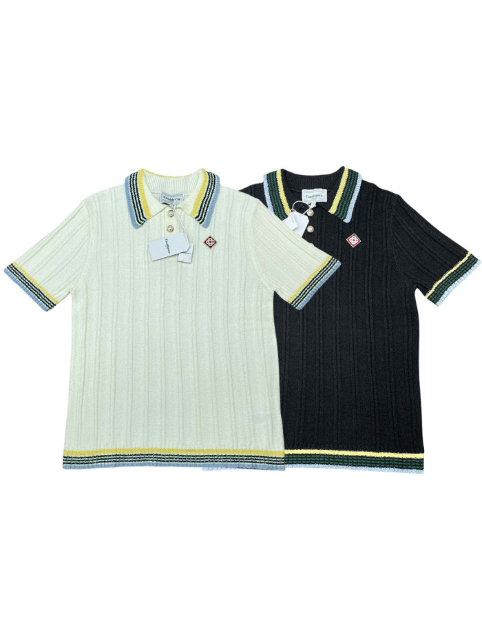 1:1 quality version Vertical Stripe Pearl Button Knit Polo Shirt 2 colors