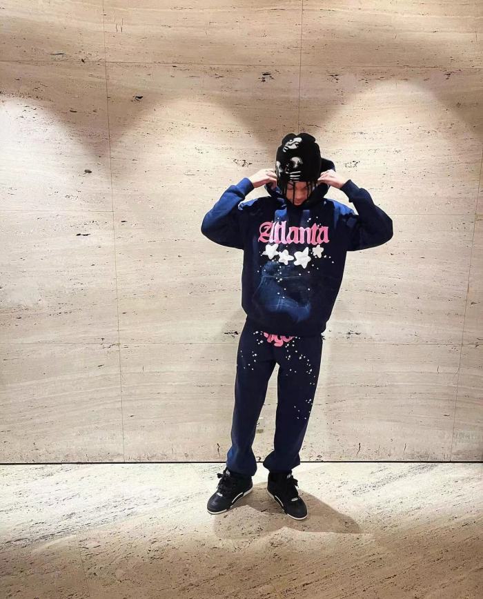 1:1 quality version At lanta Pink Letter White Hoodie & Pants Set