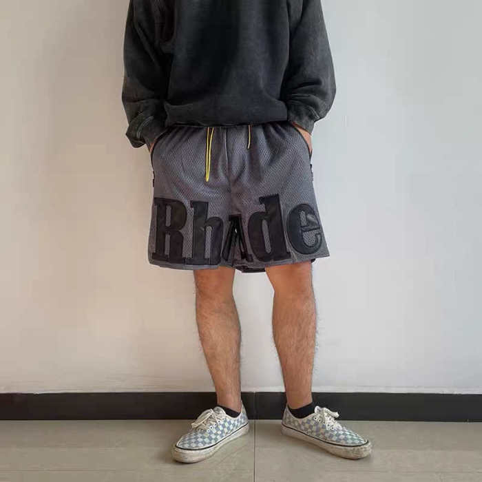 Patchwork leather embroidered mesh breathable shorts 4 colors