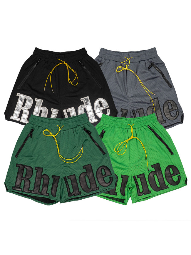 Patchwork leather embroidered mesh breathable shorts 4 colors