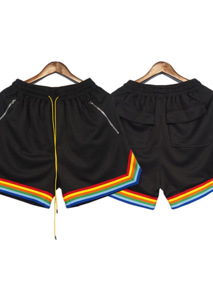 Rainbow print zipper pocket sports shorts