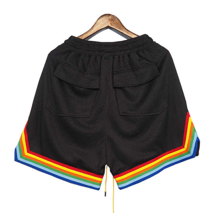 Rainbow print zipper pocket sports shorts