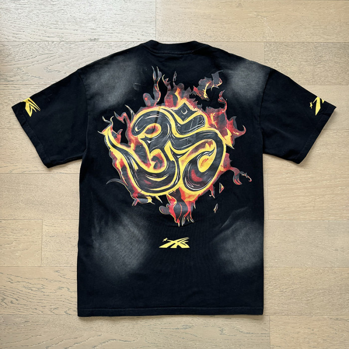 Meditating Skeleton Flame Letter Printed Washed  Version Tee