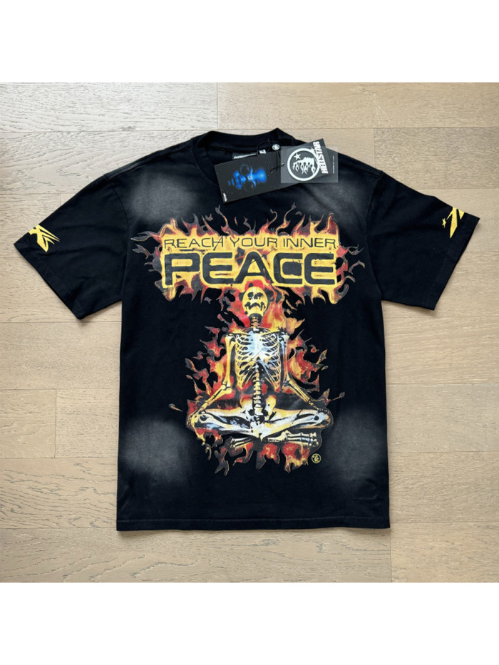 Meditating Skeleton Flame Letter Printed Washed  Version Tee