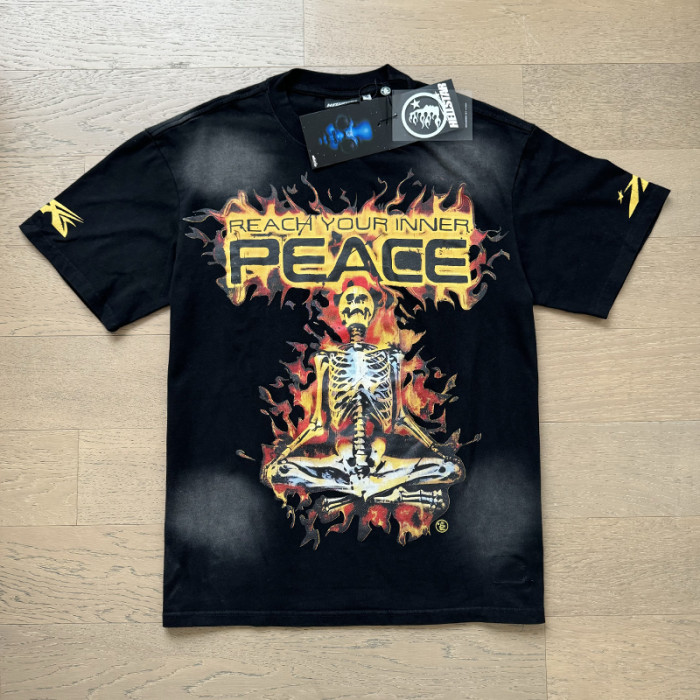 Meditating Skeleton Flame Letter Printed Washed  Version Tee