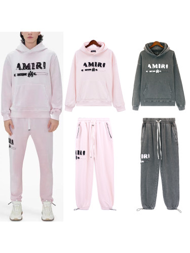 Solid Colour Appliquéd Embroidery Brushed Washed Hoodie & Pants Set 2 colors