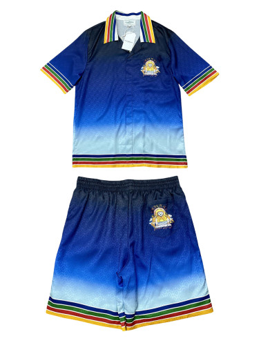 1:1 quality version Silk Gradient Blue Arch Angel Print Dark shirt & shorts set