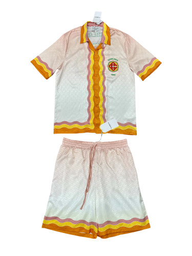 1:1 quality version Silk Wave Print Back Large Logo Letter Print shirt & shorts set