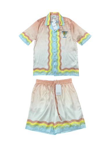 1:1 quality version Silk Draped Orange Portrait Print Gradient Floral  shirt & shorts set
