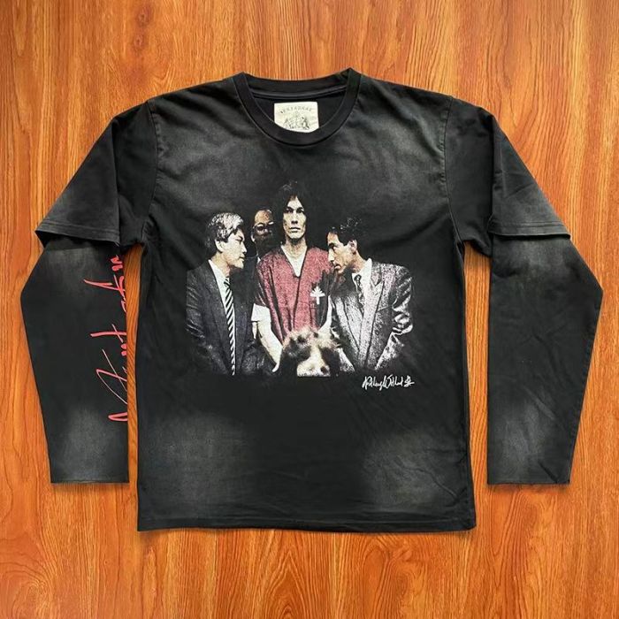 Hip Hop Character Printed Washout Fake Two Piece Long Sleeve T-Shirt
