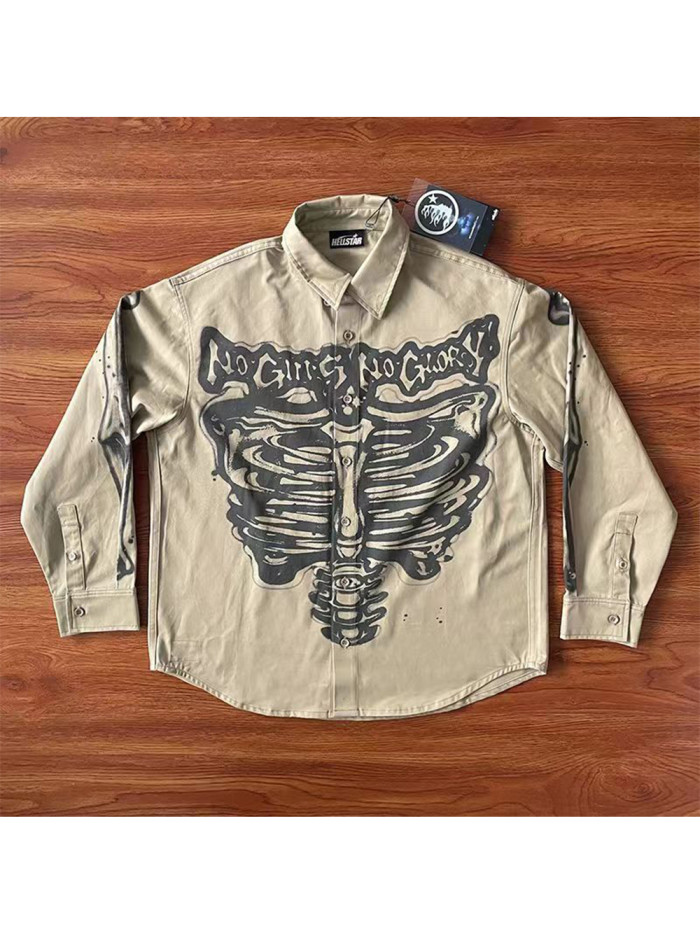 Front and back skull letter print lapel long sleeve shirt