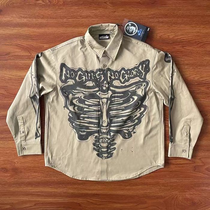 Front and back skull letter print lapel long sleeve shirt