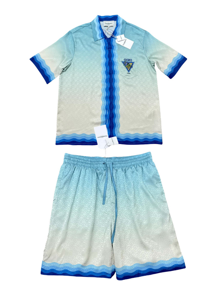 1:1 quality version Silk gradient dark jacquard shirt & shorts set