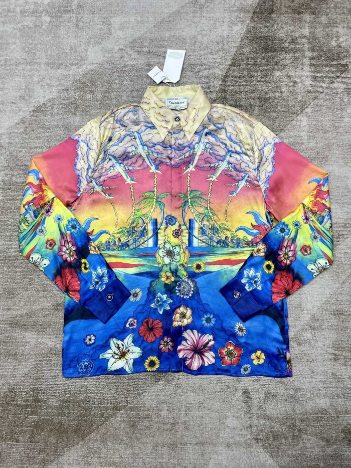 1:1 quality version Aviation Urban Print Silk Cuban Collar Long Sleeve Shirt