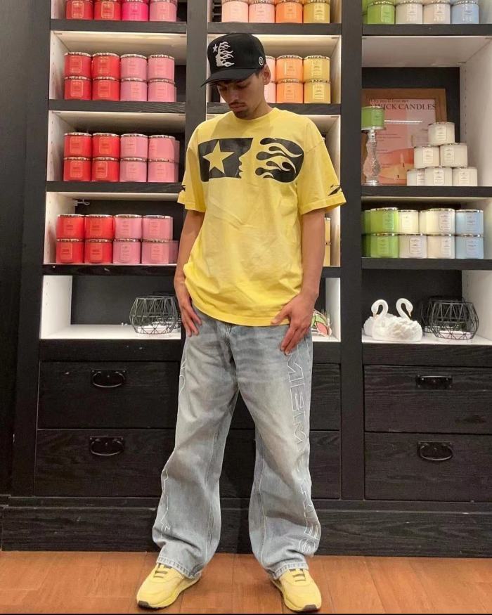 [Big & Tall for weights up to 260 lbs]1:1 quality version Washed Version Yellow Marathon Logo Print Tee with NFC tag