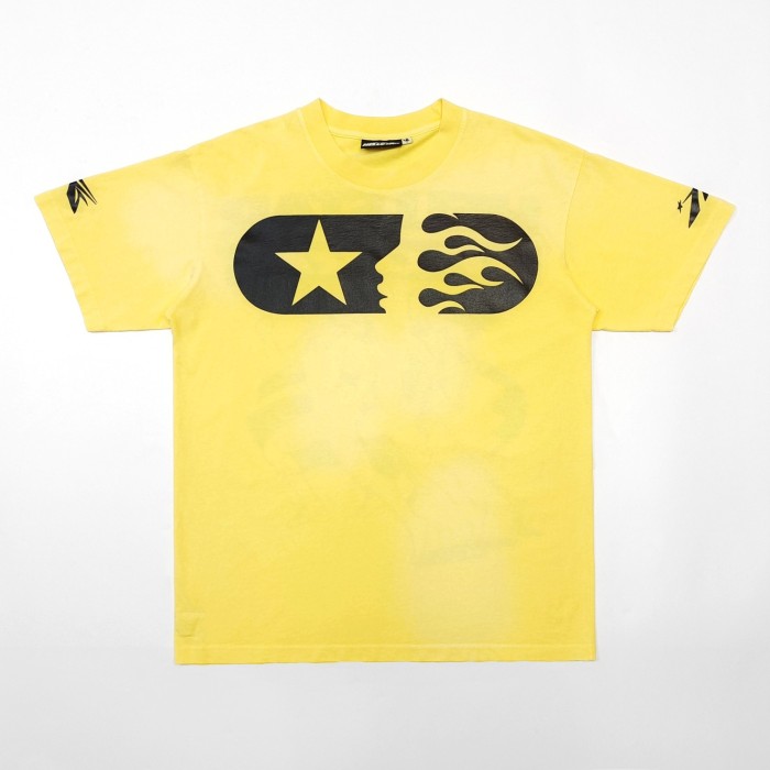 [Big & Tall for weights up to 260 lbs]1:1 quality version Washed Version Yellow Marathon Logo Print Tee with NFC tag