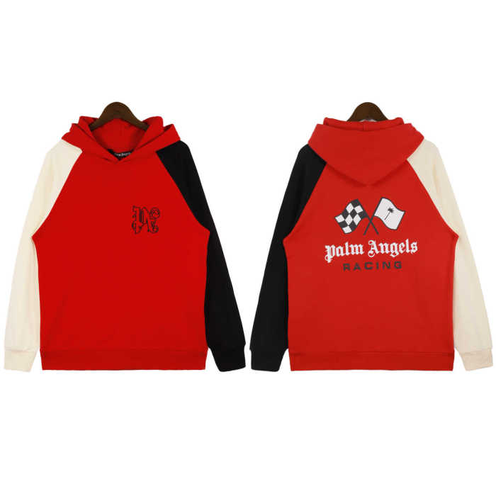 PA Monogram Embroidered Racing Flag Print Patchwork Colorblock hoodie 3 colors