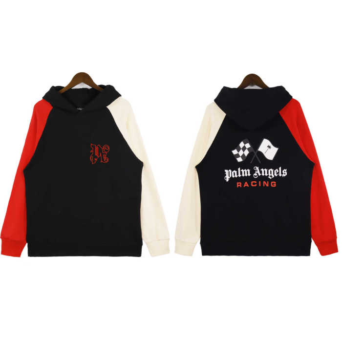 PA Monogram Embroidered Racing Flag Print Patchwork Colorblock hoodie 3 colors