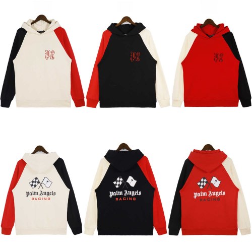 PA Monogram Embroidered Racing Flag Print Patchwork Colorblock hoodie 3 colors