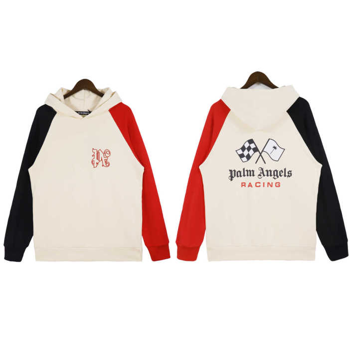 PA Monogram Embroidered Racing Flag Print Patchwork Colorblock hoodie 3 colors
