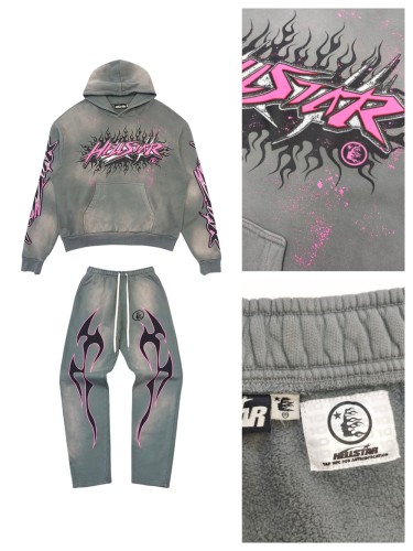 1:1 quality version HS Future Fire Hoodie & Pink and Black Fire Pants Set with NFC tag
