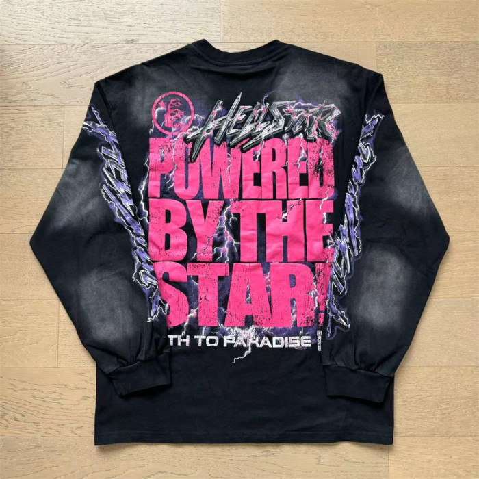 [50% Off]Aged Helmet Cracked Letter Lightning Washed Version Long Sleeve T-Shirt