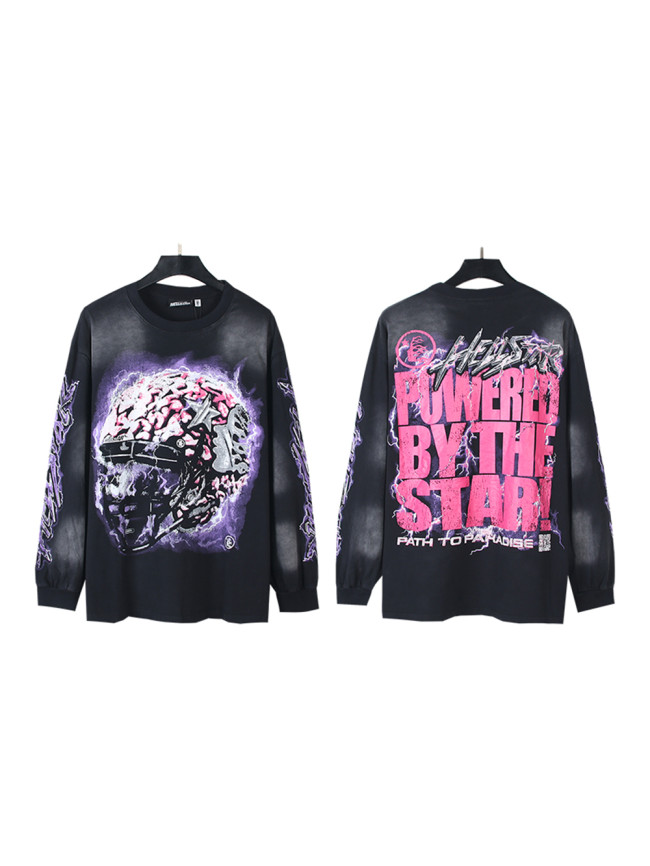 [50% Off]Aged Helmet Cracked Letter Lightning Washed Version Long Sleeve T-Shirt